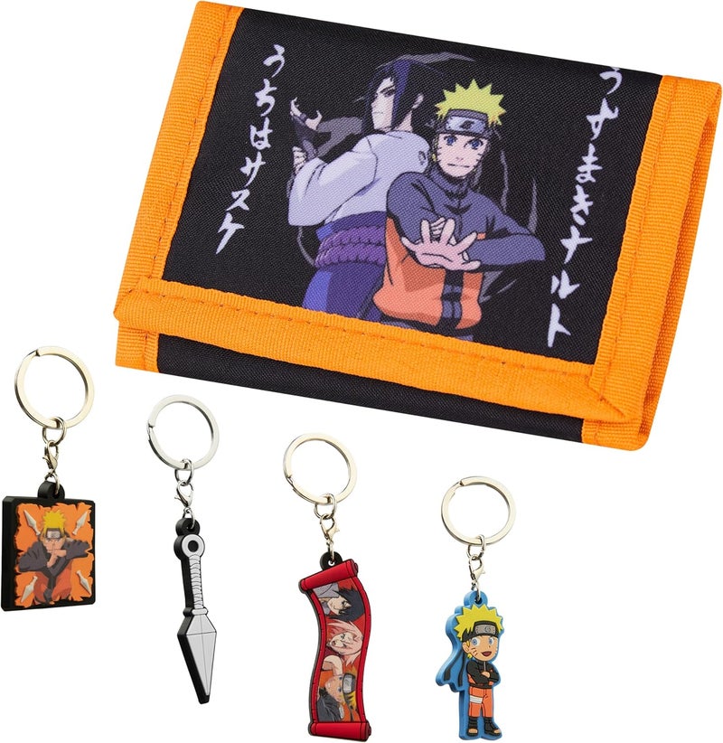 Naruto Wallet and 4 Keyrings or 6 Keychain Set for Boys Girls Trifold Wallet Zippered Coin Pocket Anime Gift for Kids - Image 1